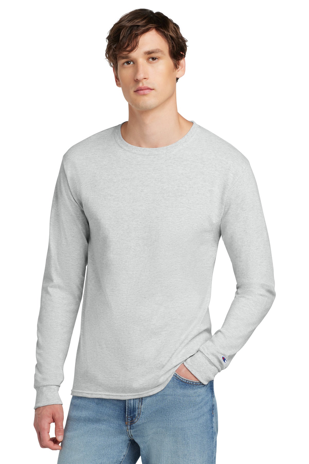 Front View of Ash Champion Heritage 5.2-Oz Jersey Long Sleeve Tee CC8C plain