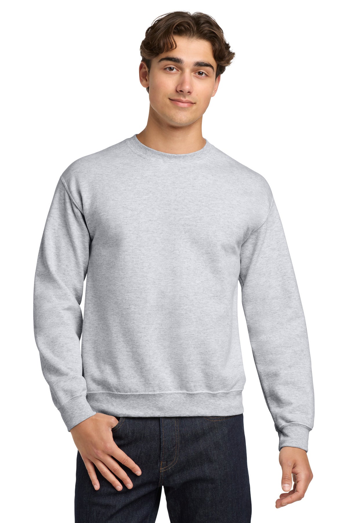 Front View of Ash Gildan Heavy Blend Crewneck Sweatshirt. 18000 plain