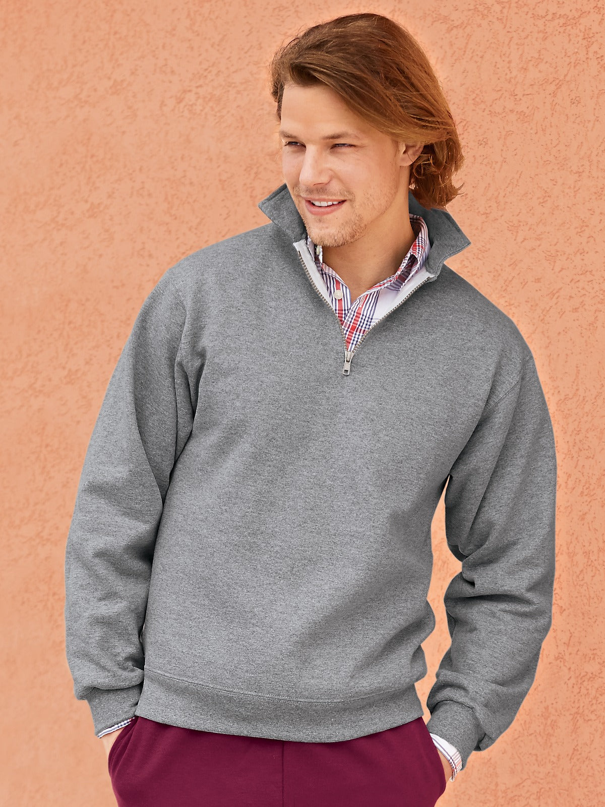 Front View of Ash Jerzees Super Sweats NuBlend - 1/4-Zip Sweatshirt with Cadet Collar. 4528M plain