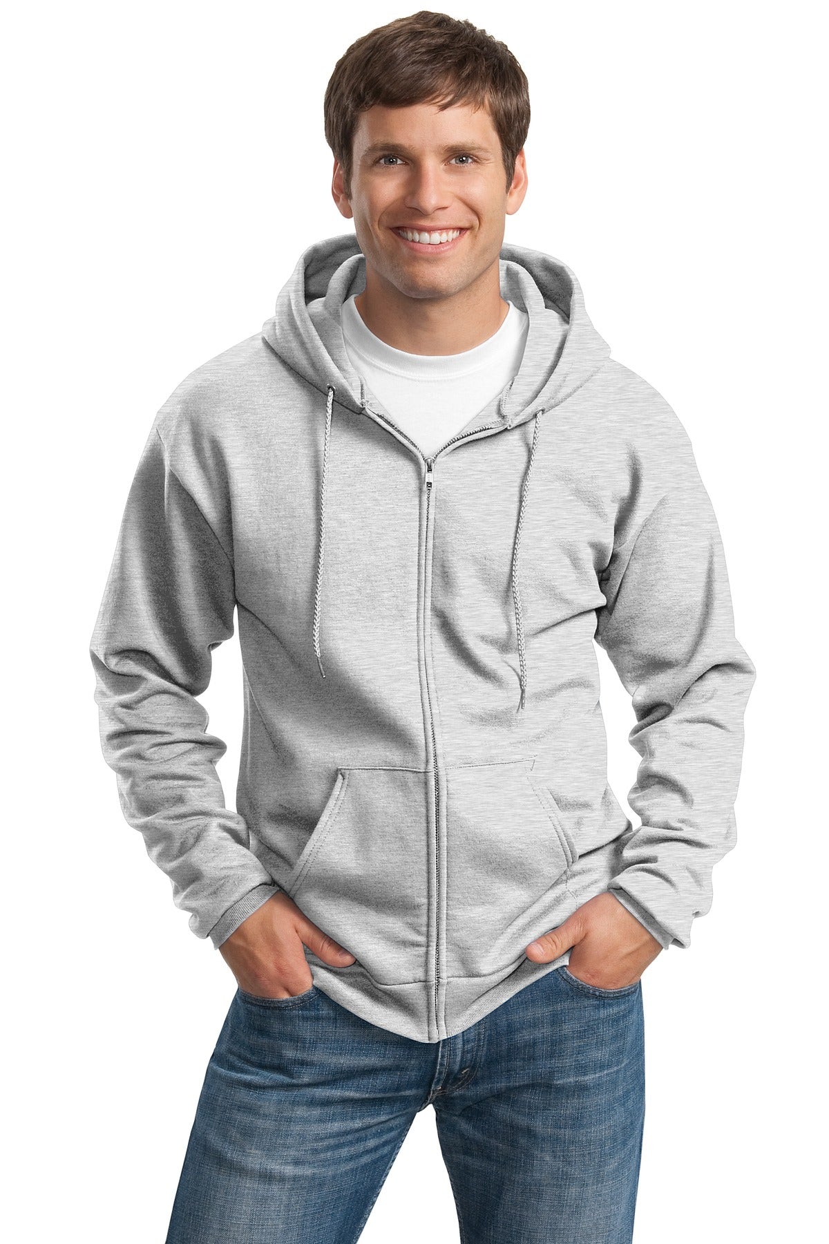 Front View of Ash Port & Co Tall Essential Fleece Full-Zip Hooded Sweatshirt. PC90ZHT plain