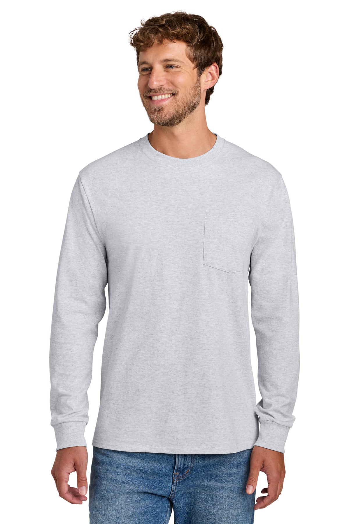 Front View of Ash Port & Co Tall Long Sleeve Essential Pocket Tee. PC61LSPT plain
