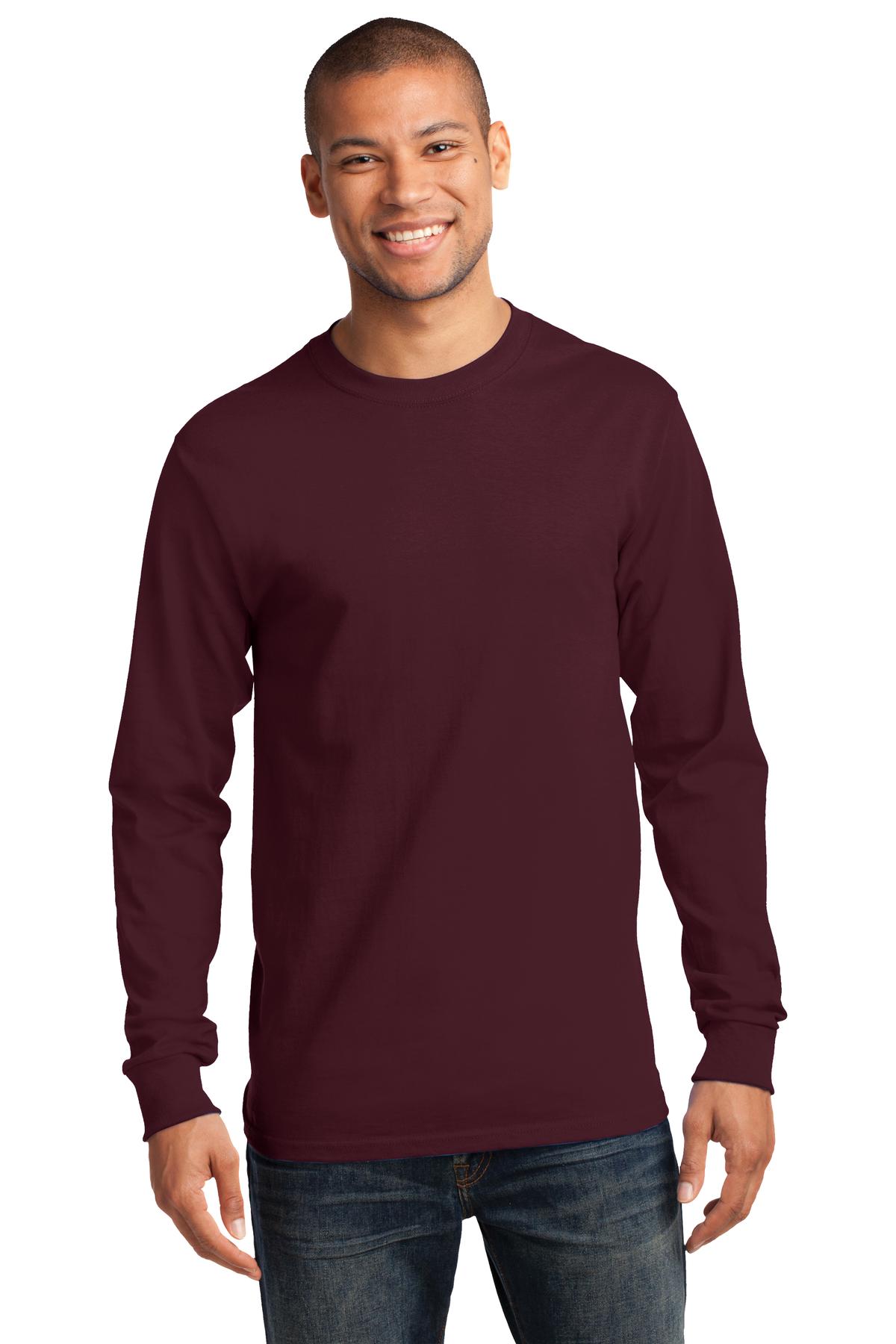 Front View of Ath. Maroon Port & Co Long Sleeve Essential Tee. PC61LS plain
