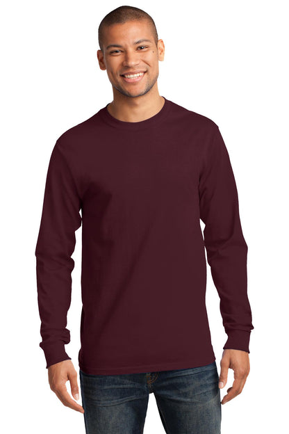 Front View of Ath. Maroon Port & Co Long Sleeve Essential Tee. PC61LS plain