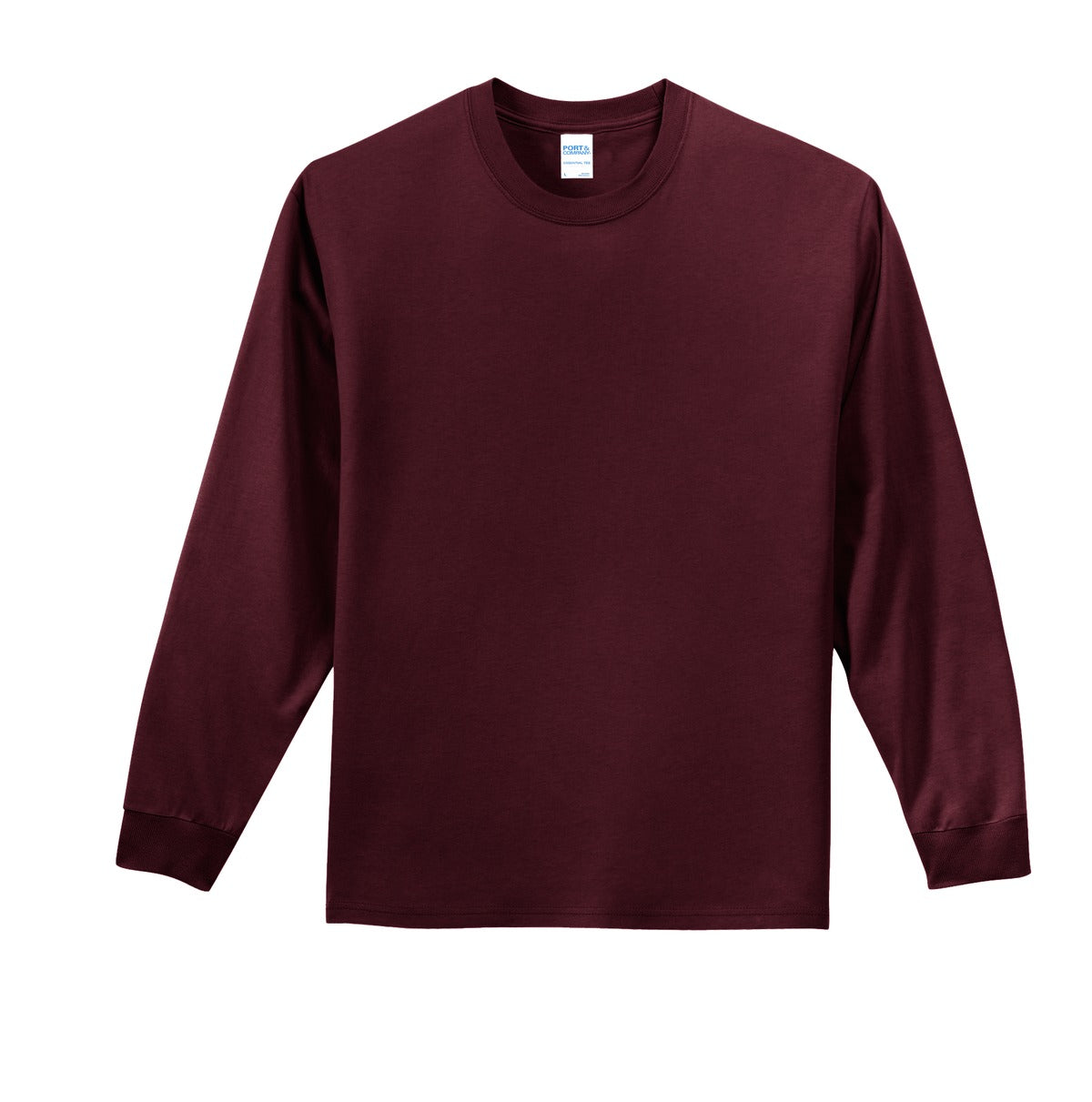 Front View of Ath. Maroon Port & Co Long Sleeve Essential Tee. PC61LS plain