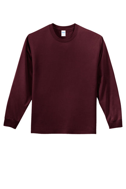 Front View of Ath. Maroon Port & Co Long Sleeve Essential Tee. PC61LS plain