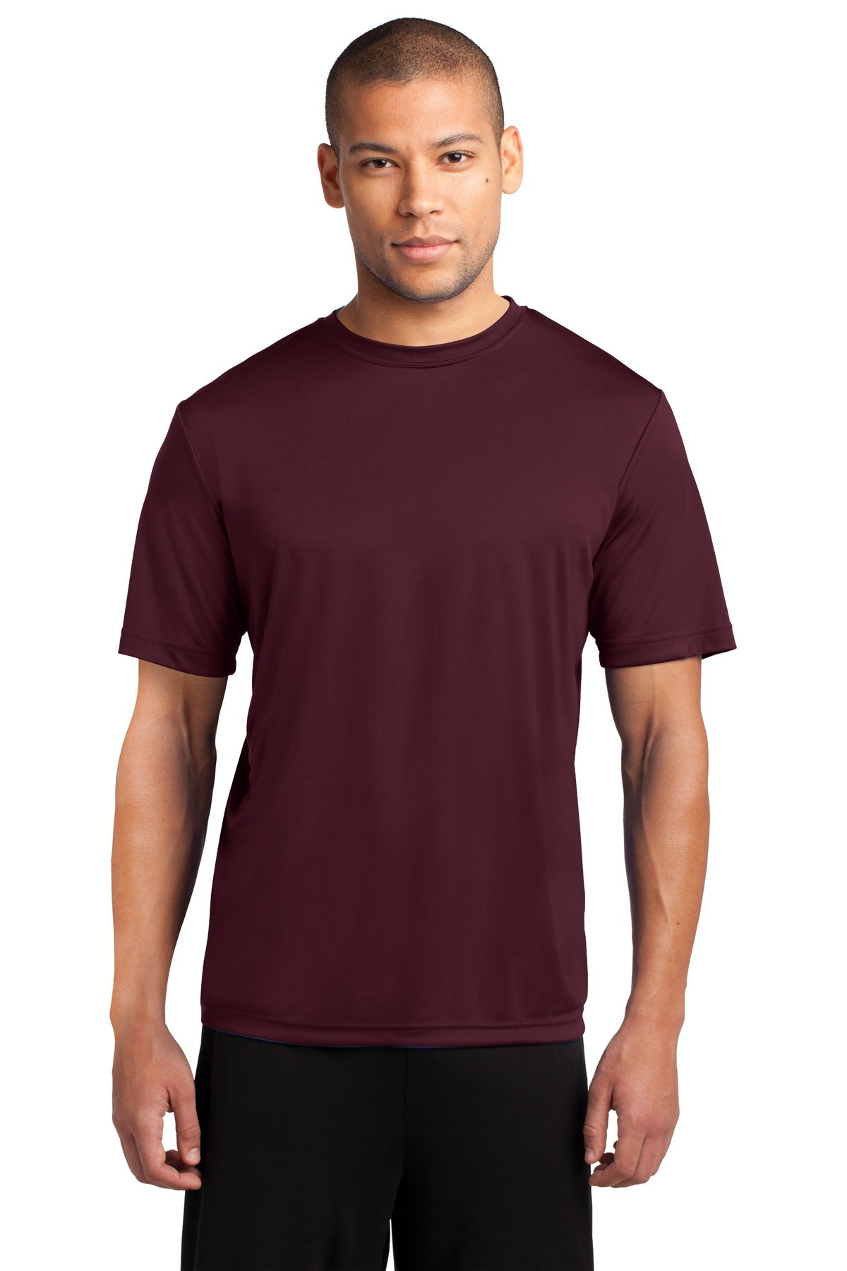 Front View of Ath Maroon Port & Co Performance Tee. PC380 plain