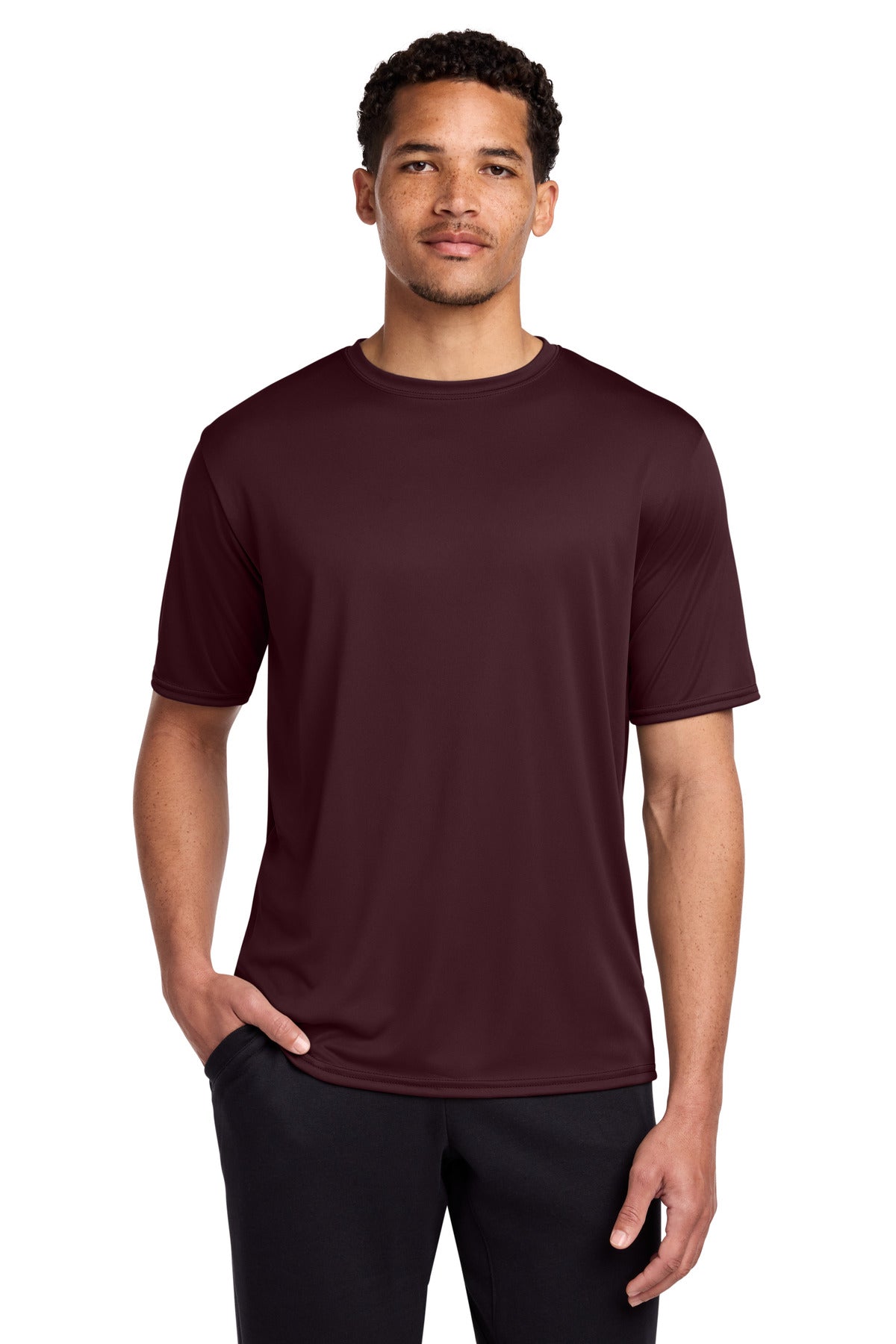 Front View of Ath Maroon Port & Co Performance Tee. PC380 plain