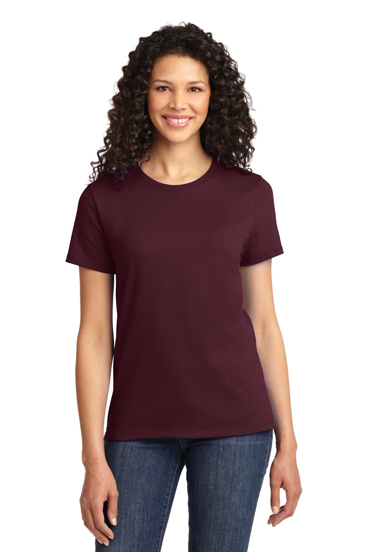 Front View of Ath Maroon Port & Co Women's Essential Tee. LPC61 plain