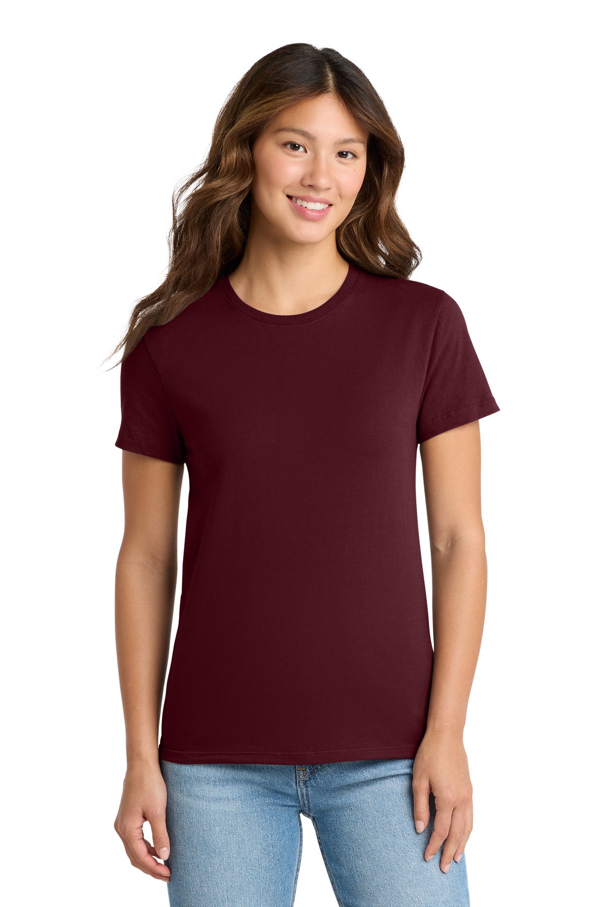 Front View of Ath Maroon Port & Co Women's Essential Tee. LPC61 plain