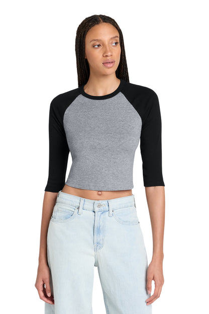 Front View of AthHt/Blk BELLA+CANVAS Women's Micro Rib 3/4 Raglan Baby Tee BC1200 plain