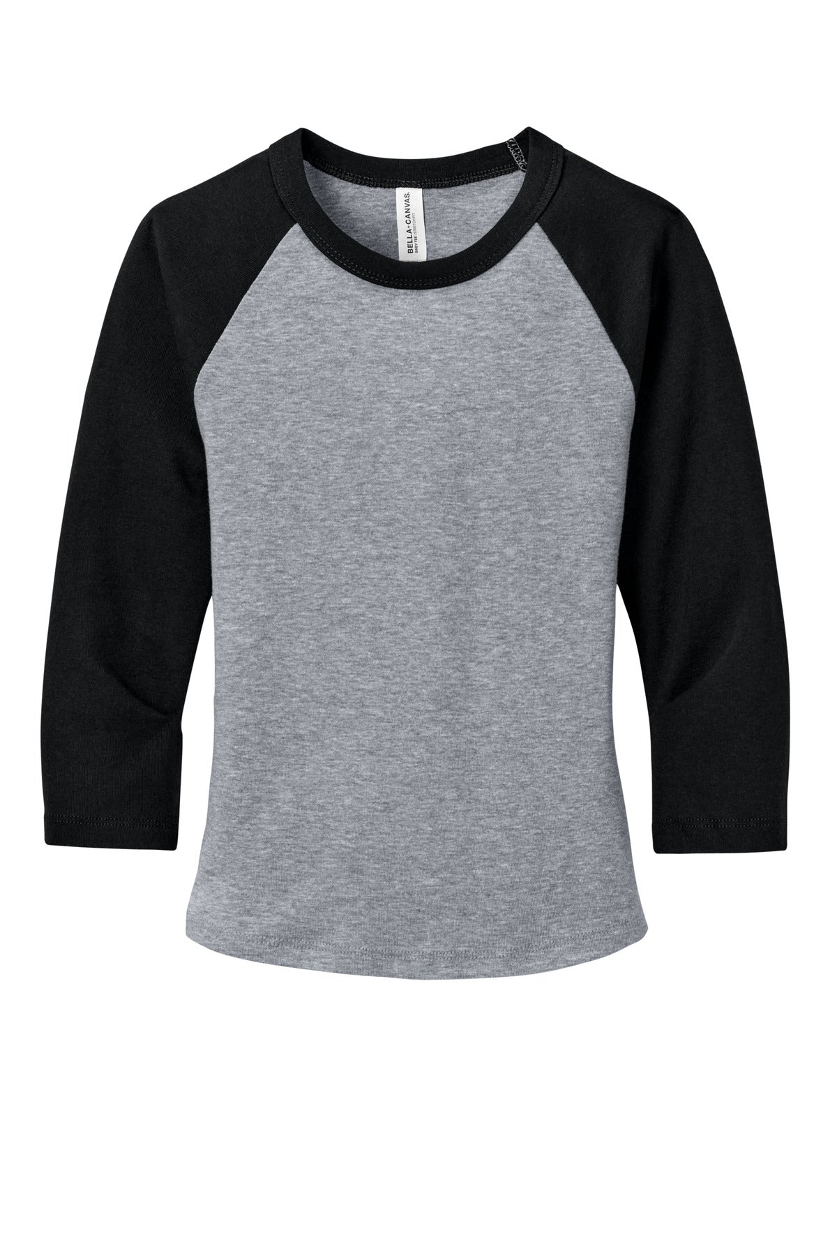 Front View of AthHt/Blk BELLA+CANVAS Women's Micro Rib 3/4 Raglan Baby Tee BC1200 plain
