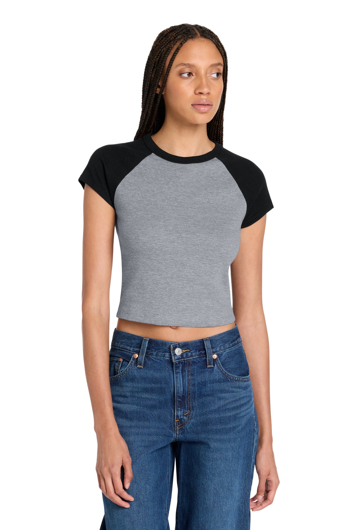 Front View of AthHt/Blk BELLA+CANVAS Women's Micro Rib Raglan Baby Tee BC1201 plain