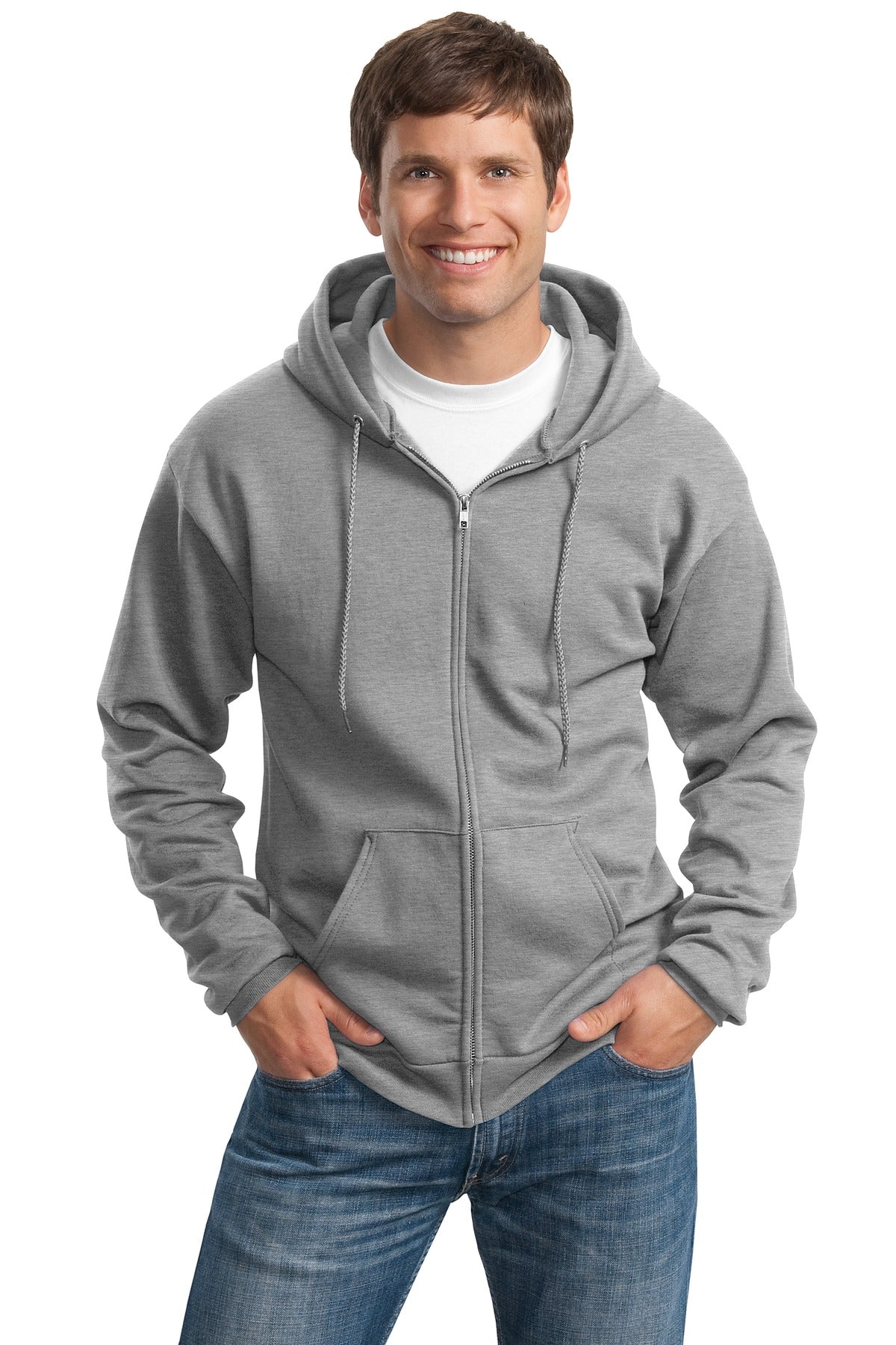 Front View of Athletic Hthr Port & Co Tall Essential Fleece Full-Zip Hooded Sweatshirt. PC90ZHT plain