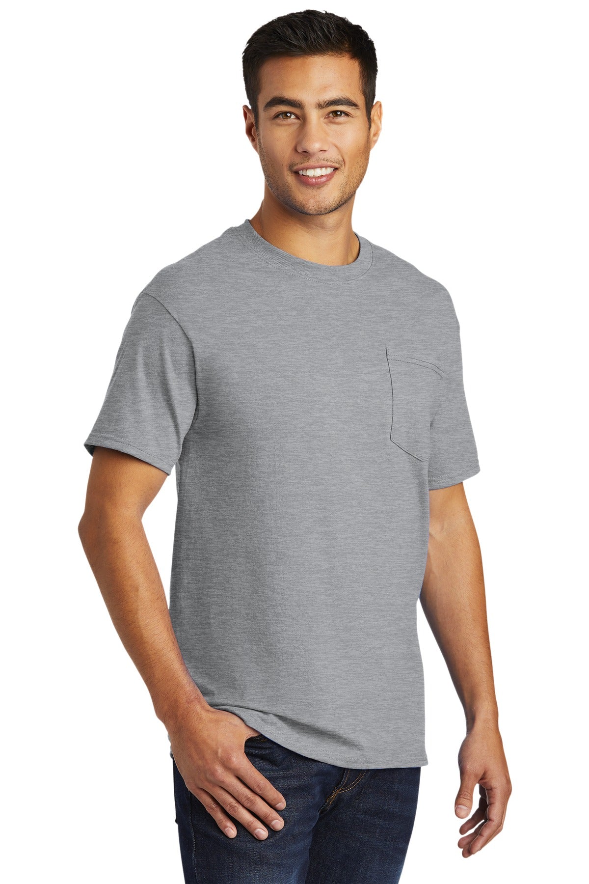 Front View of Athletic Hthr Port & Co Tall Essential Pocket Tee. PC61PT plain