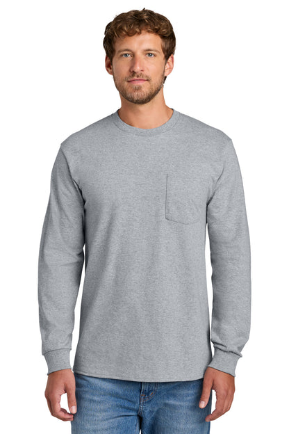 Front View of Athletic Hthr Port & Co Tall Long Sleeve Essential Pocket Tee. PC61LSPT plain