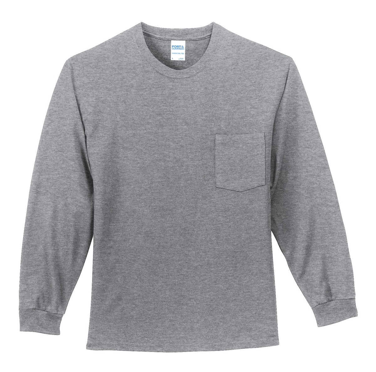 Front View of Athletic Hthr Port & Co Tall Long Sleeve Essential Pocket Tee. PC61LSPT plain