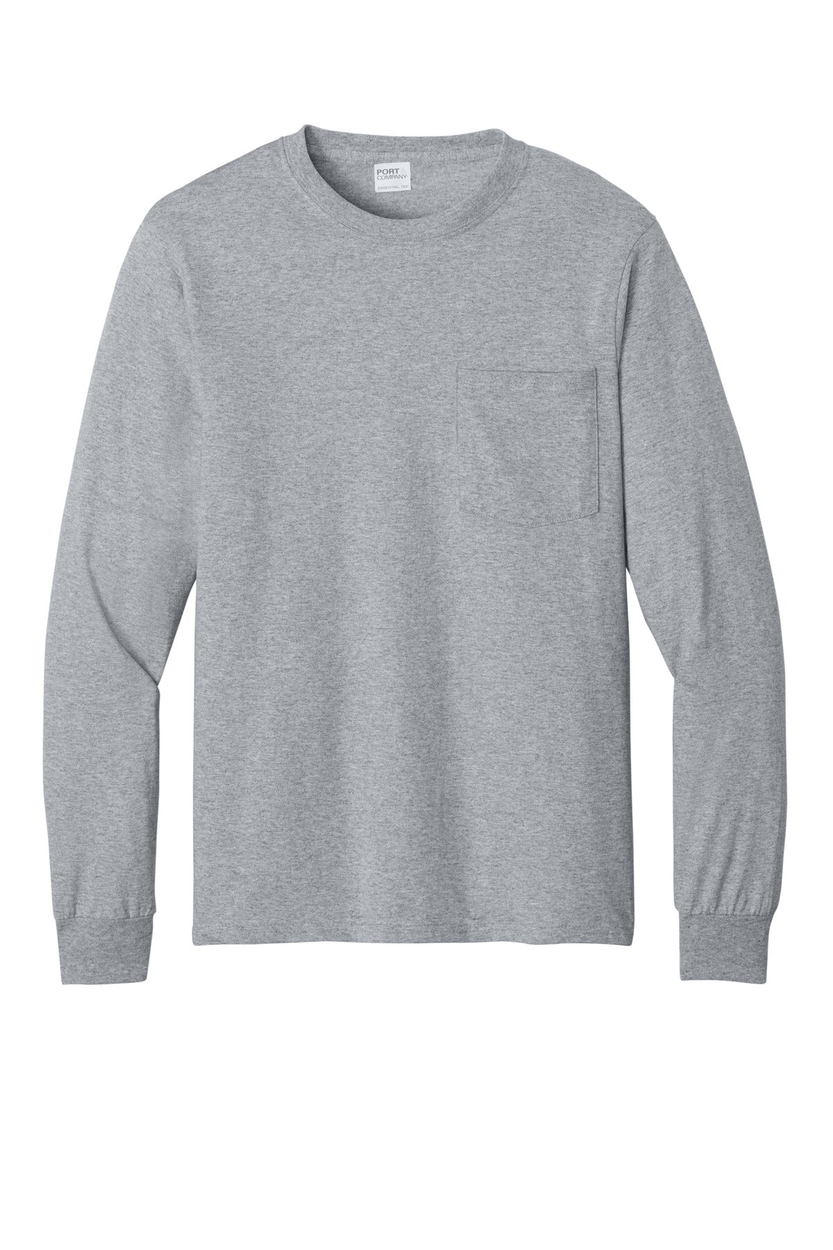 Front View of Athletic Hthr Port & Co Tall Long Sleeve Essential Pocket Tee. PC61LSPT