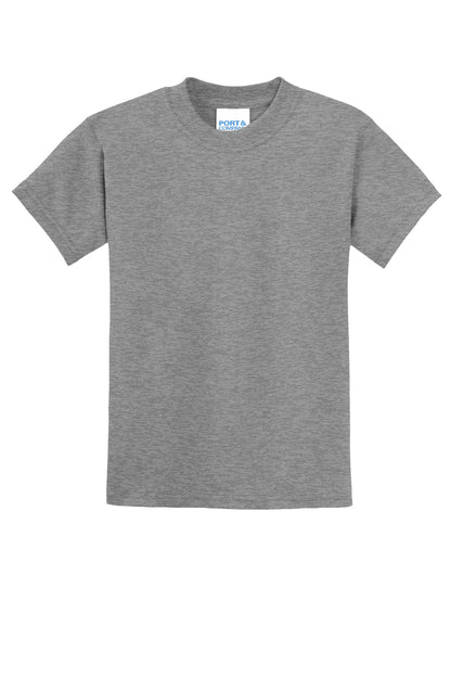 Front View of Athletic Hthr Port & Co Youth Core Blend Tee. PC55Y plain