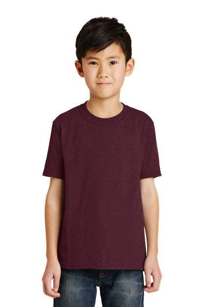 Front View of Athletic Mroon Port & Co Youth Core Blend Tee. PC55Y plain