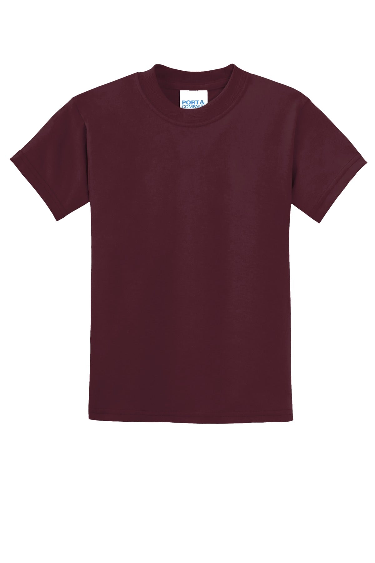 Front View of Athletic Mroon Port & Co Youth Core Blend Tee. PC55Y plain