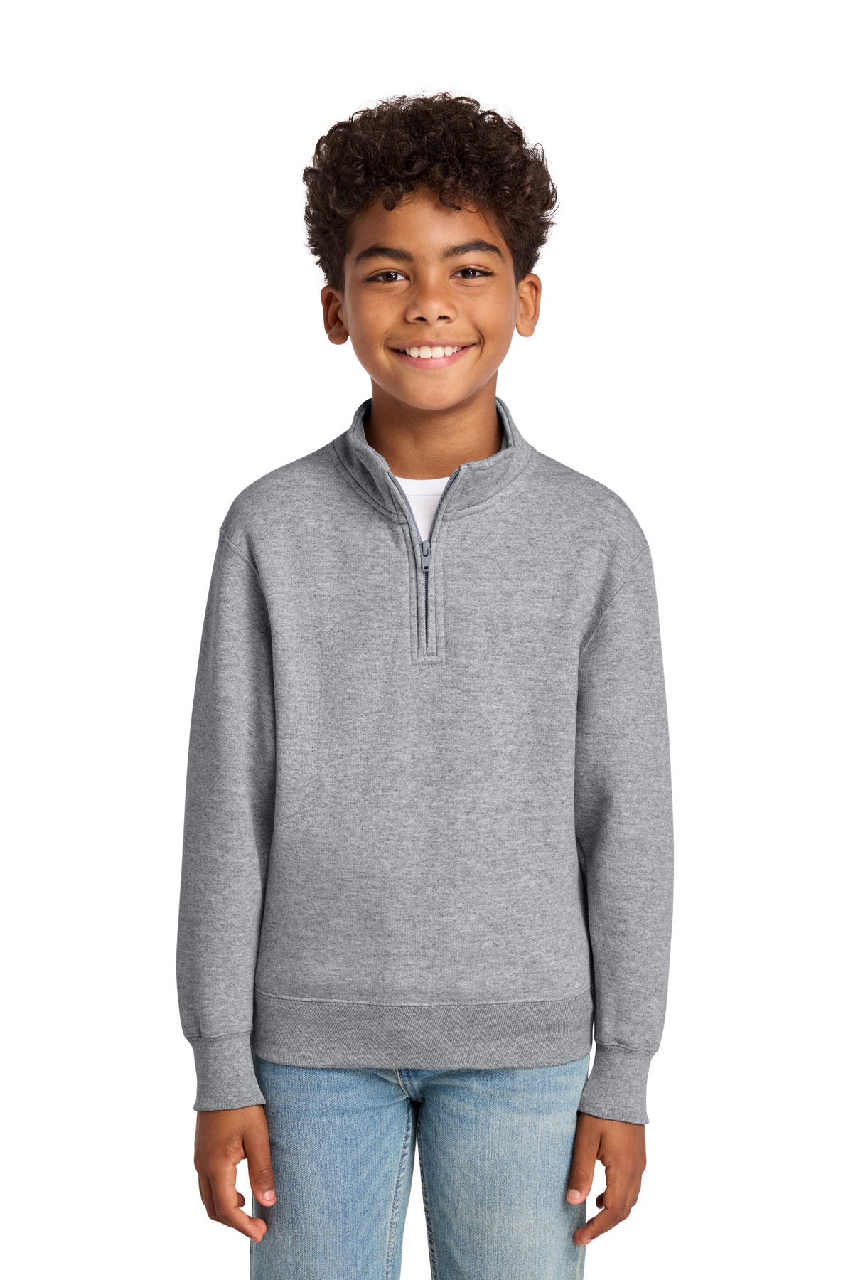 Front View of AthlHthr Port & Co Youth Core Fleece 1/4-Zip Pullover Sweatshirt PC78YQ plain