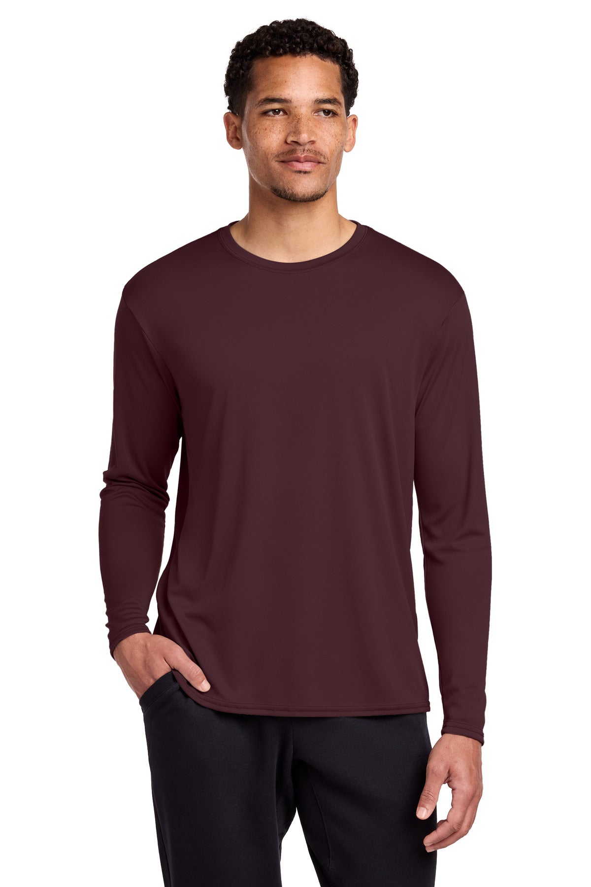 Front View of AthlMaroon Port & Co Long Sleeve Performance Tee. PC380LS plain