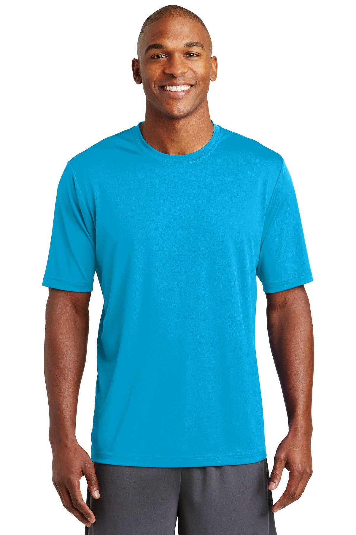 Front View of Atomic Blue Sport-Tek PosiCharge Tough Tee . ST320 plain