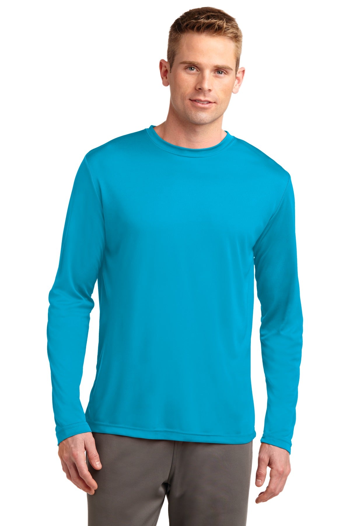 Front View of Atomic Blue Sport-Tek Tall Long Sleeve PosiCharge Competitor Tee. TST350LS plain