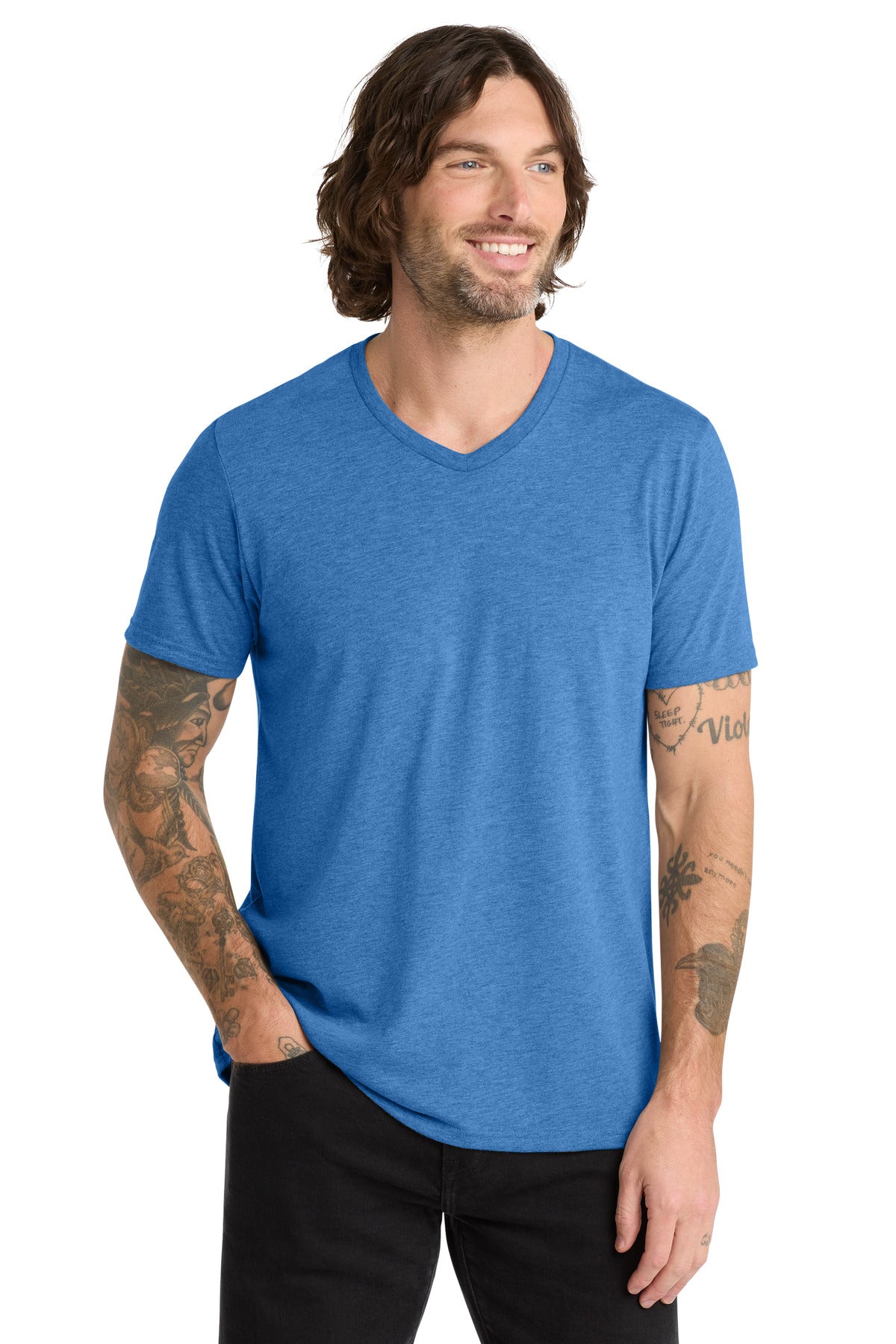Front View of Azure Blue Allmade Unisex Tri-Blend V-Neck Tee AL2014 plain