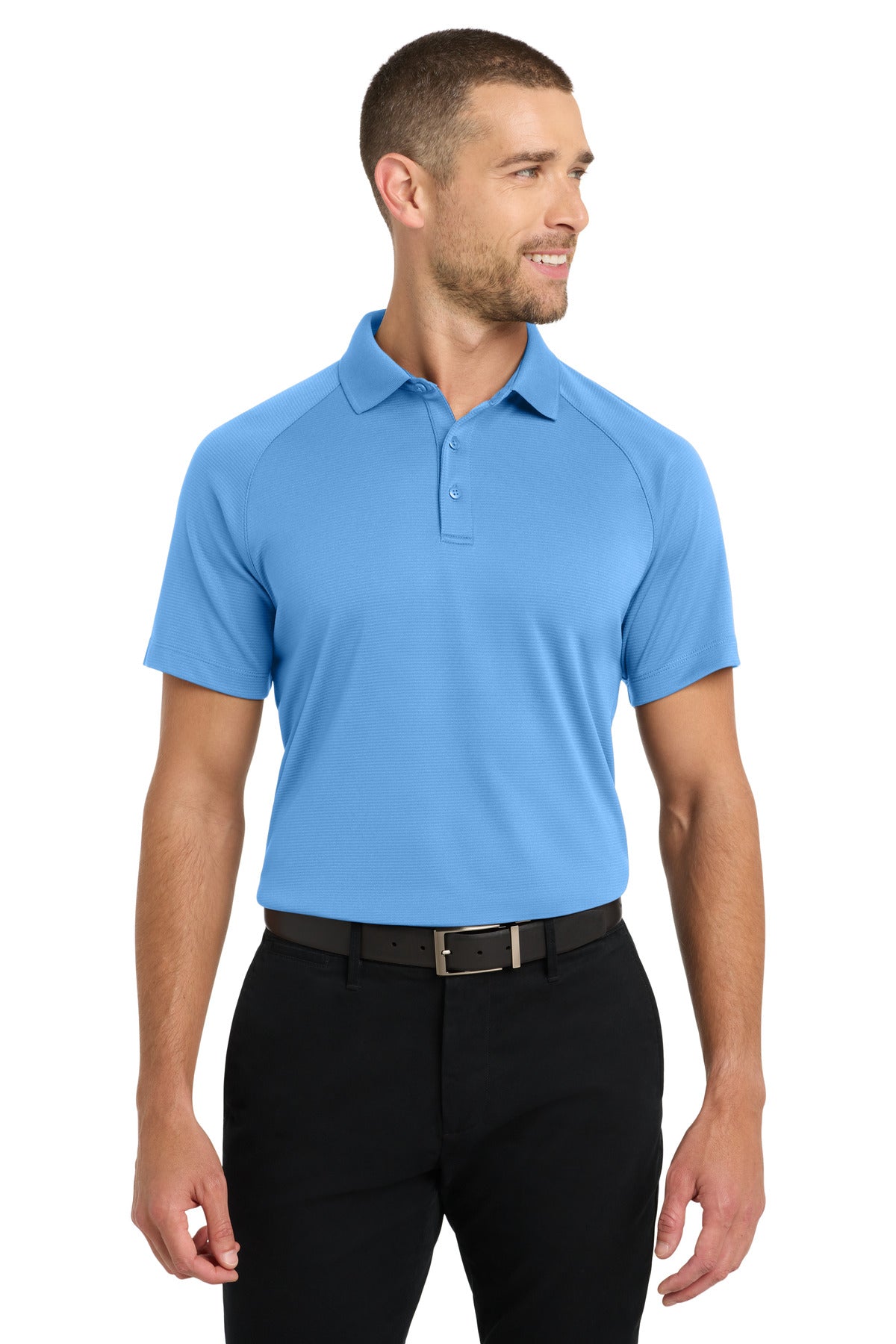 Front View of Azure Blue Port Authority Crossover Raglan Polo. K575 plain