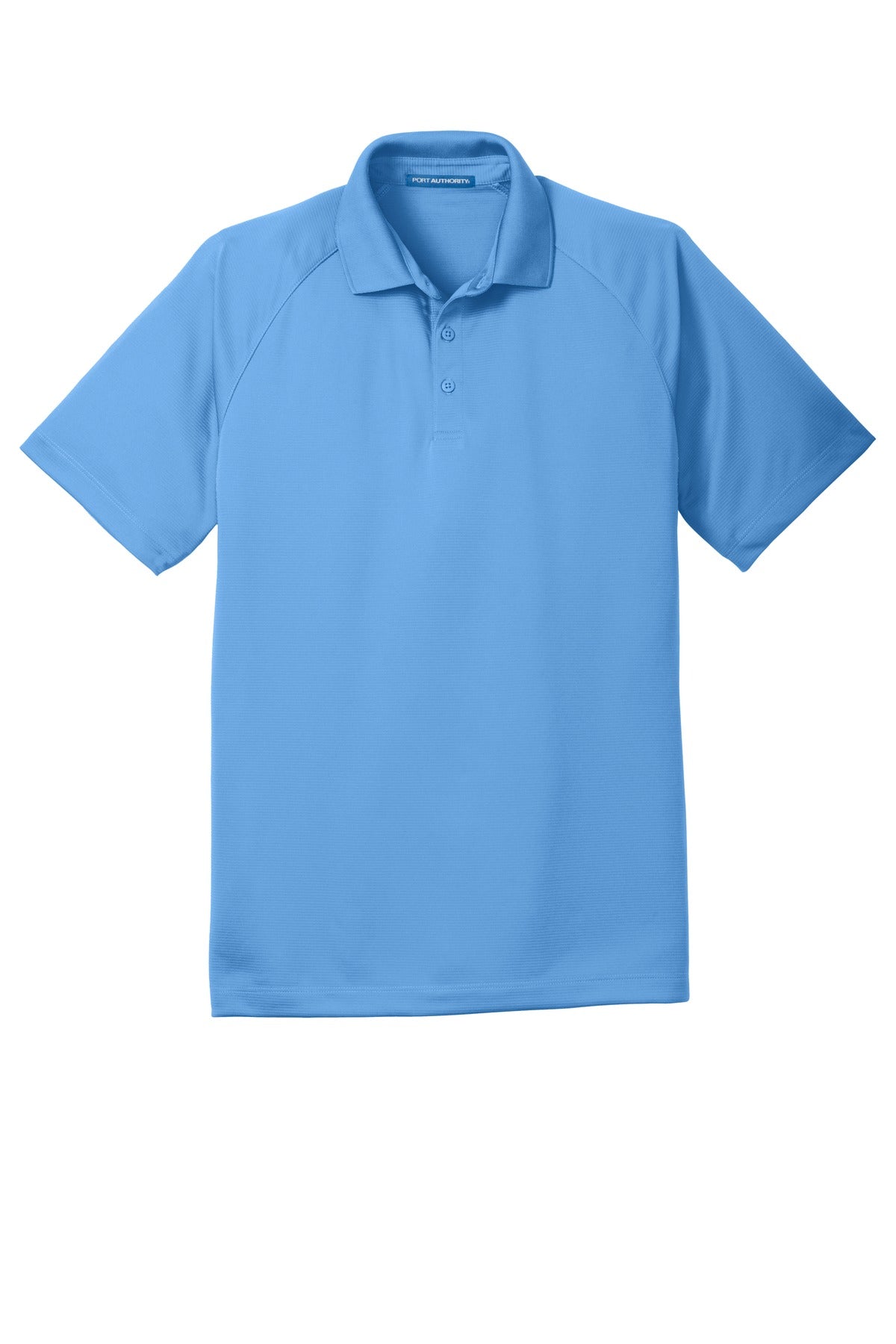 Front View of Azure Blue Port Authority Crossover Raglan Polo. K575 plain