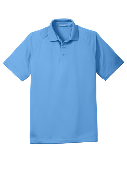 Front View of Azure Blue Port Authority Crossover Raglan Polo. K575 plain