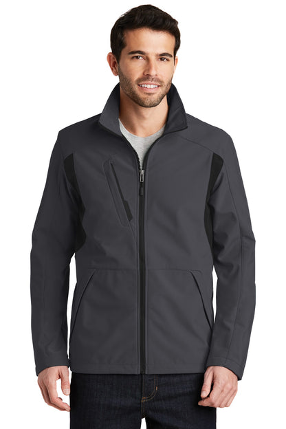 Front View of Bat Grey/Black Port Authority Back-Block Soft Shell Jacket. J336 plain