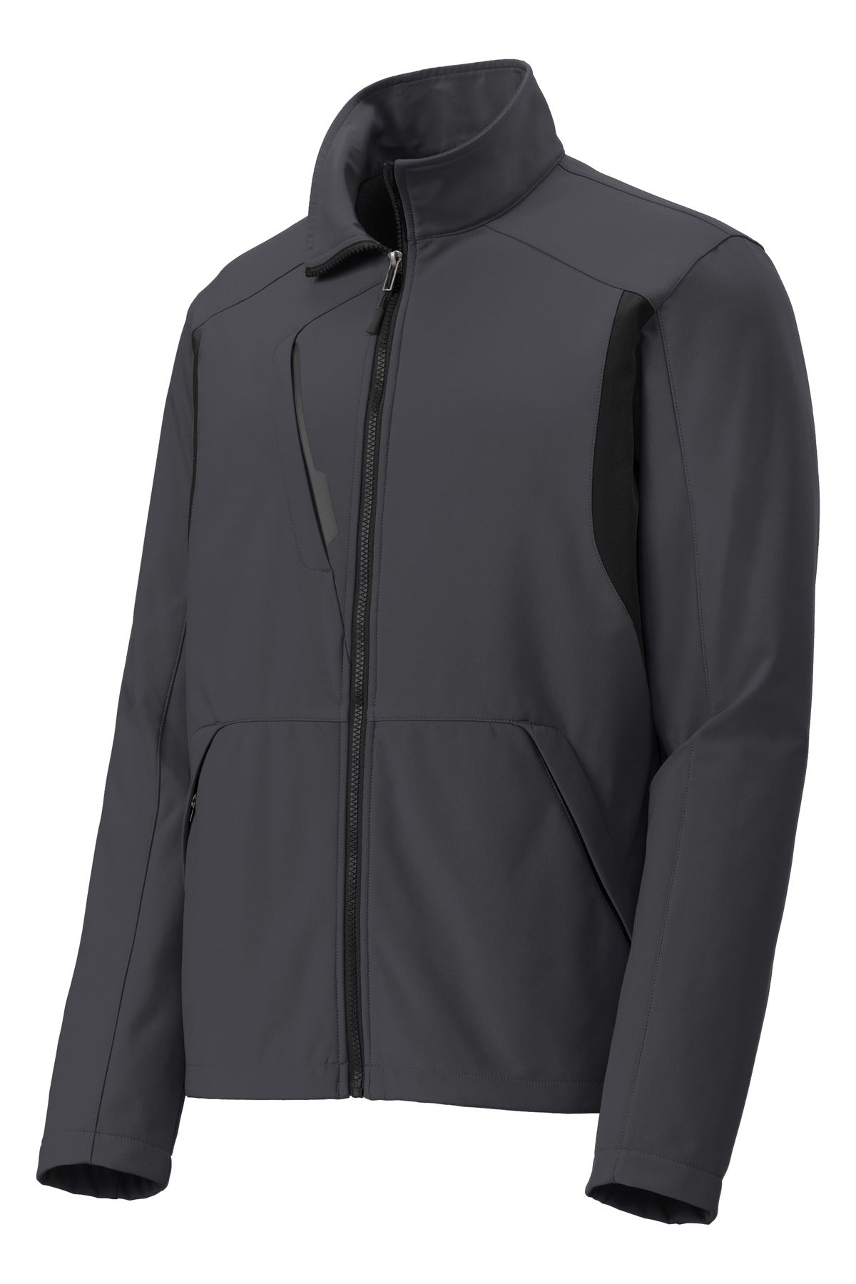 Front View of Bat Grey/Black Port Authority Back-Block Soft Shell Jacket. J336 plain