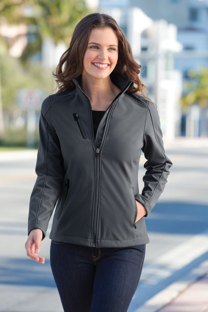 Front View of Batlshp Grey Port Authority Women's Welded Soft Shell Jacket. L324 plain