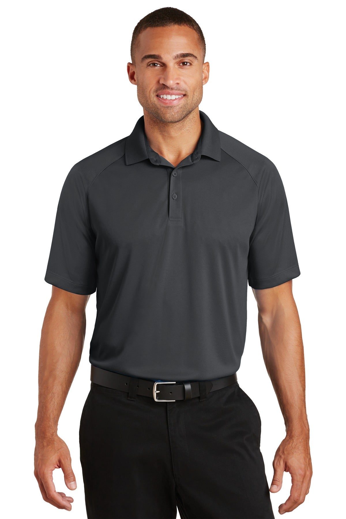 Front View of Battleship Gry Port Authority Crossover Raglan Polo. K575 plain