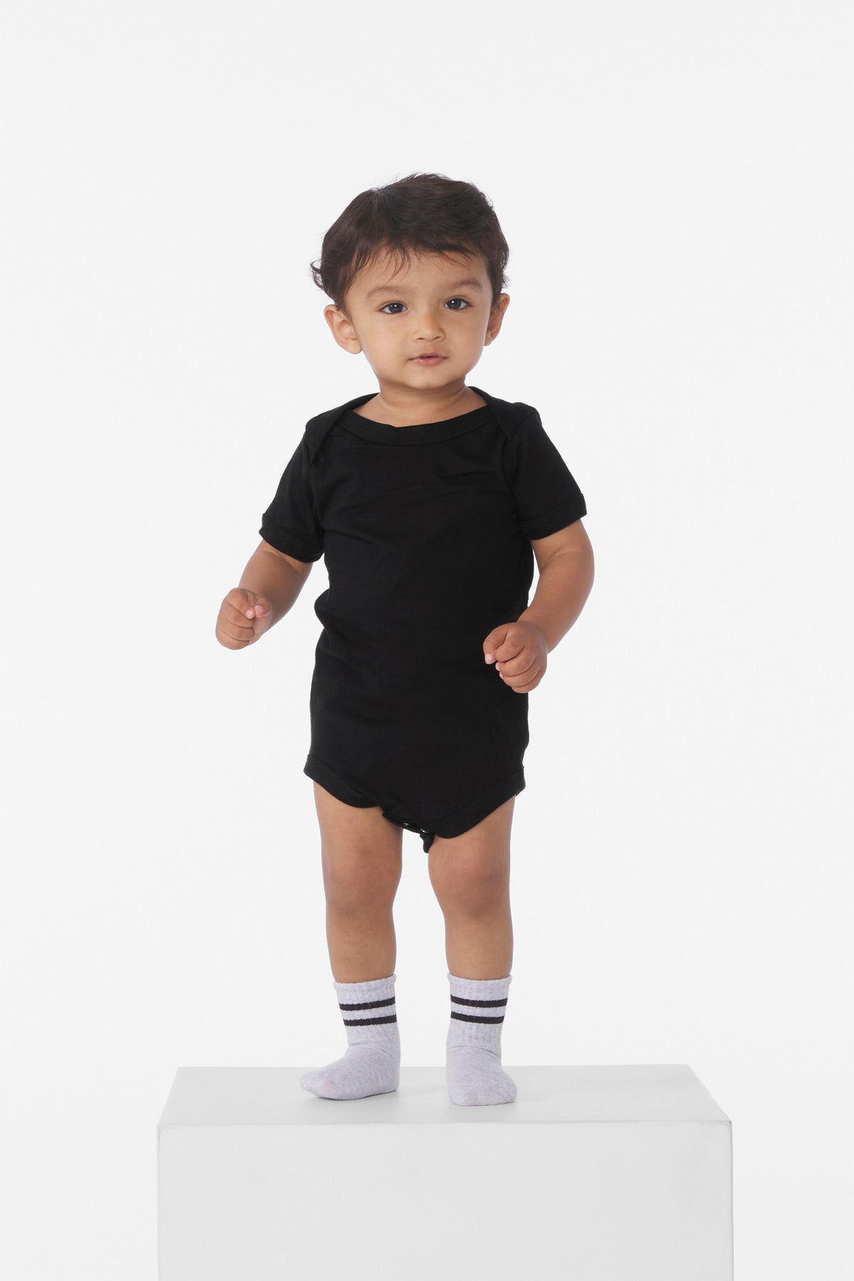 Front View of Black BELLA+CANVAS Infant Jersey Short Sleeve One Piece BC100B plain