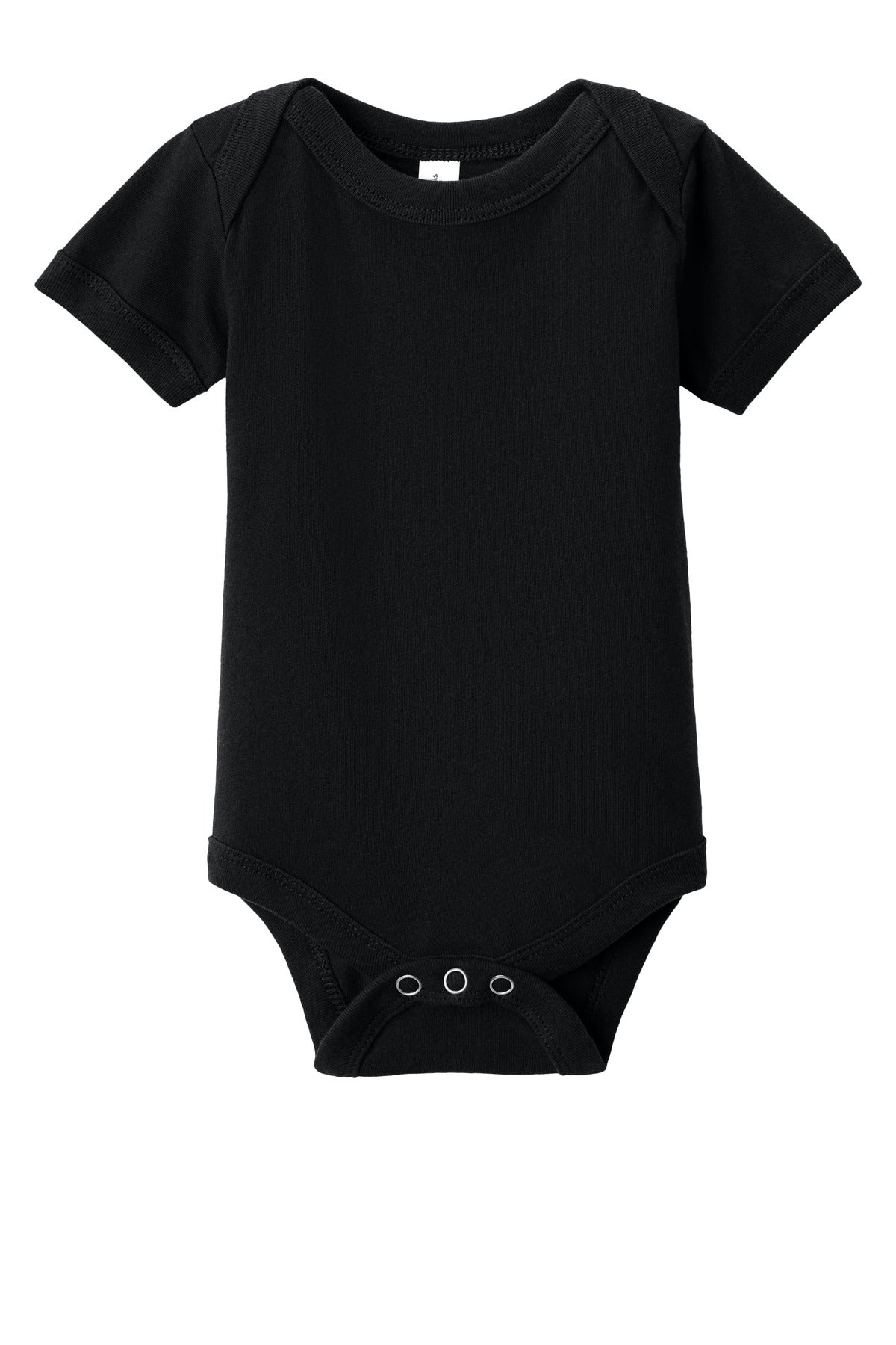 Front View of Black BELLA+CANVAS Infant Jersey Short Sleeve One Piece BC100B plain