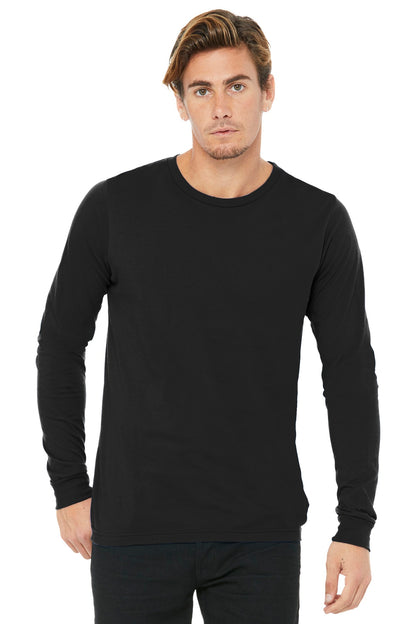 Front View of Black BELLA+CANVAS Unisex Jersey Long Sleeve Tee. BC3501 plain