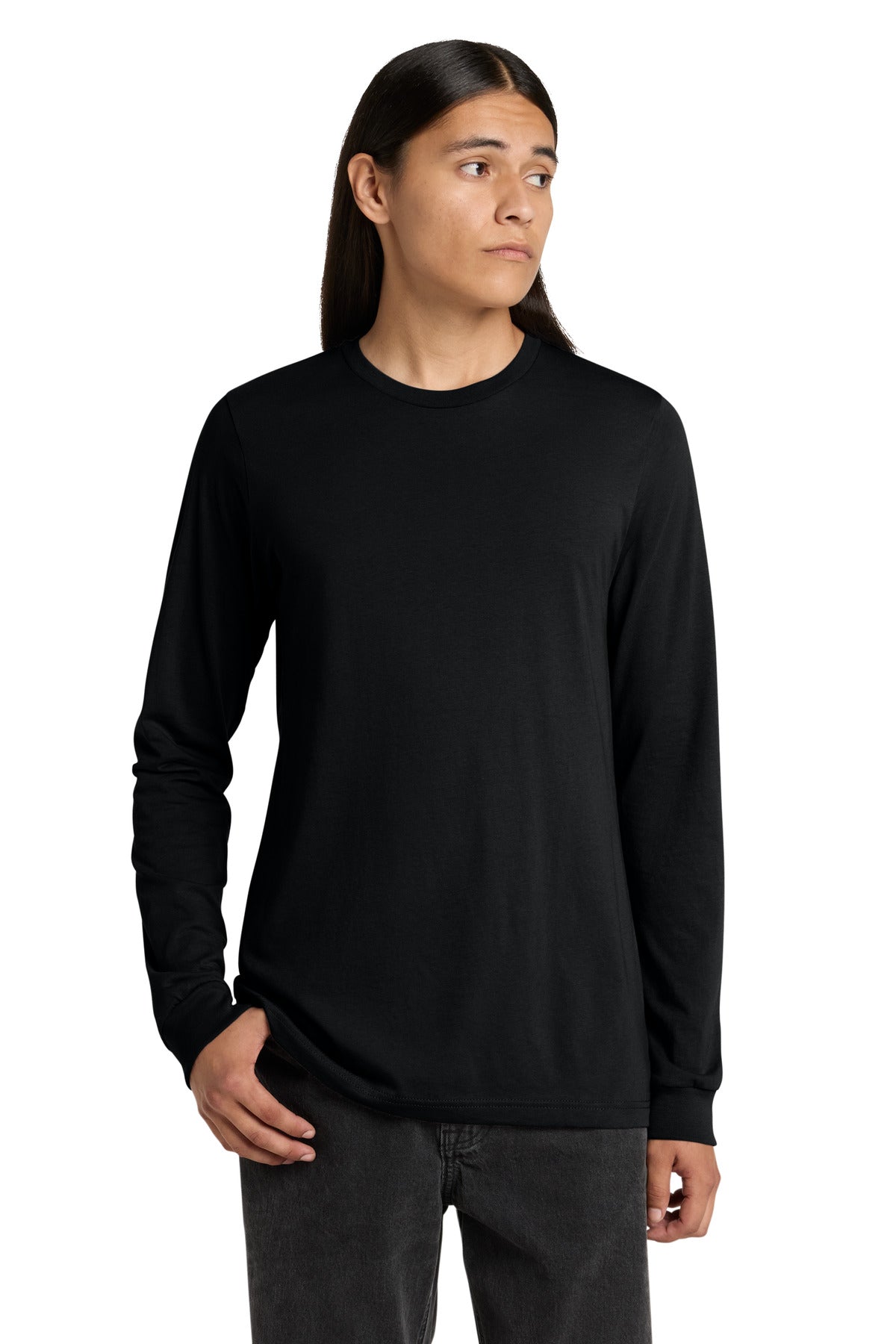 Front View of Black BELLA+CANVAS Unisex Jersey Long Sleeve Tee. BC3501 plain