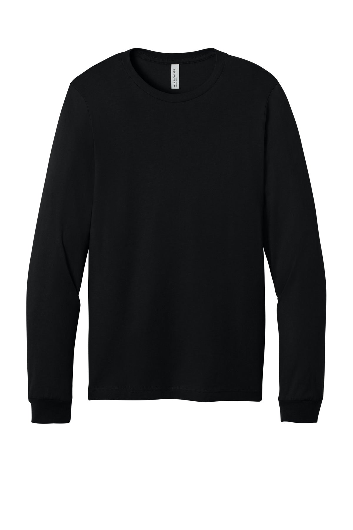 Front View of Black BELLA+CANVAS Unisex Jersey Long Sleeve Tee. BC3501 plain