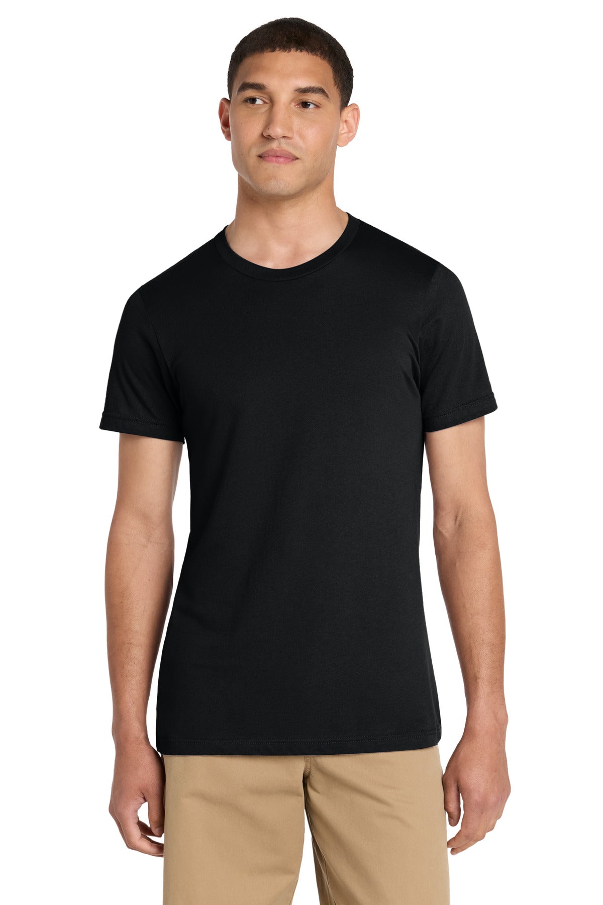 Front View of Black BELLA+CANVAS Unisex Jersey Short Sleeve Tee. BC3001 plain