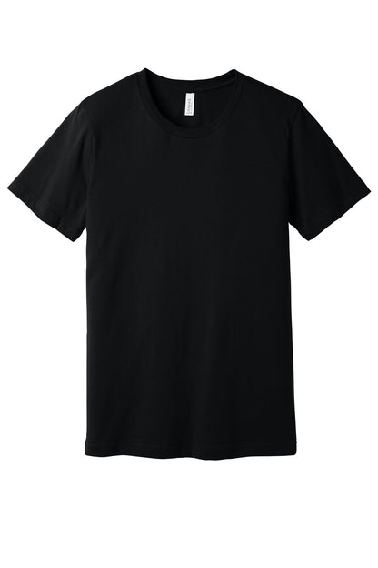 Front View of Black BELLA+CANVAS Unisex Jersey Short Sleeve Tee. BC3001 plain
