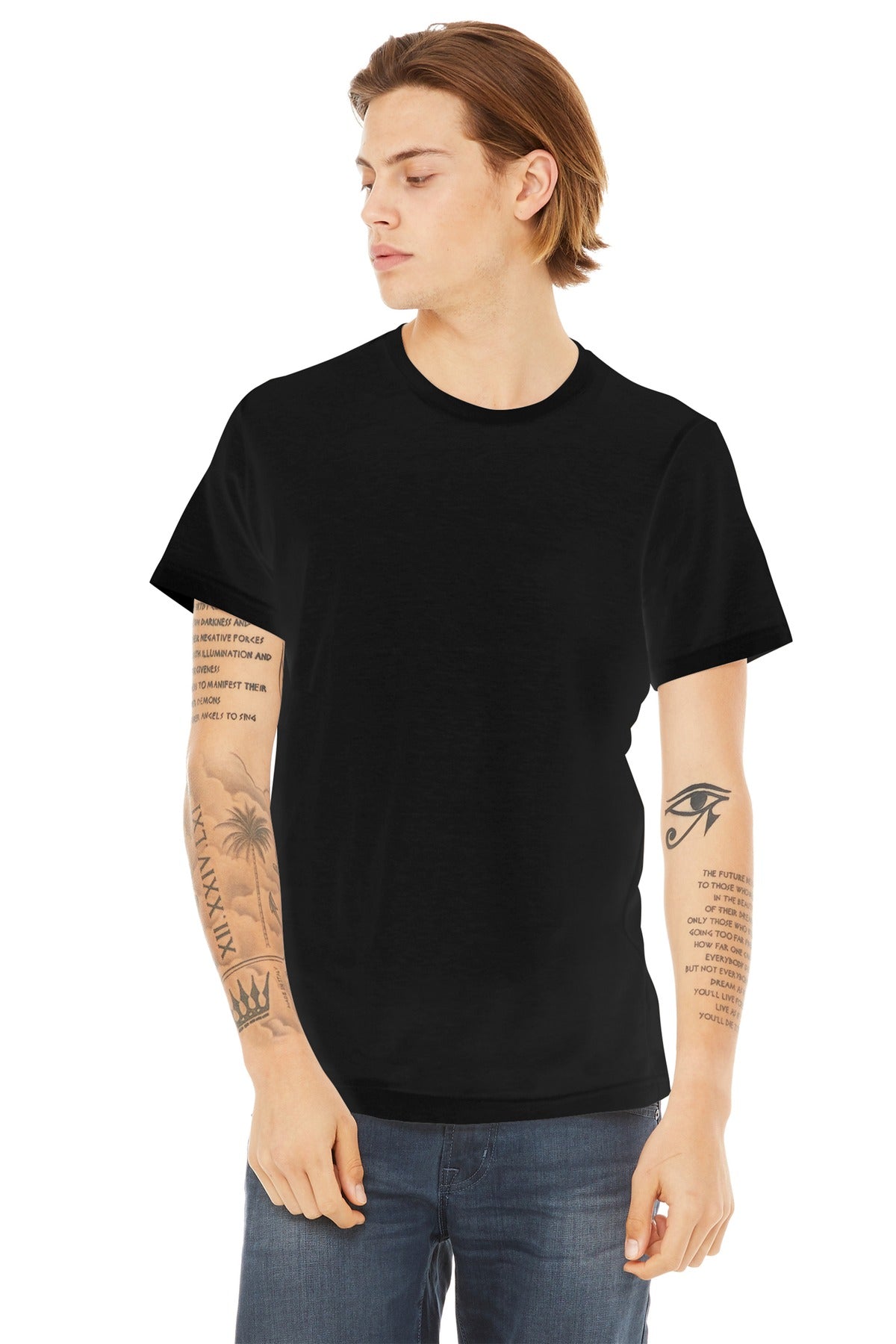Front View of Black BELLA+CANVAS Unisex Poly-Cotton Short Sleeve Tee. BC3650 plain