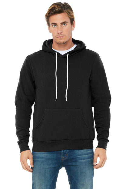 Front View of Black BELLA+CANVAS Unisex Sponge Fleece Pullover Hoodie. BC3719 plain