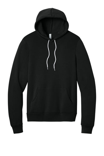 Front View of Black BELLA+CANVAS Unisex Sponge Fleece Pullover Hoodie. BC3719 plain