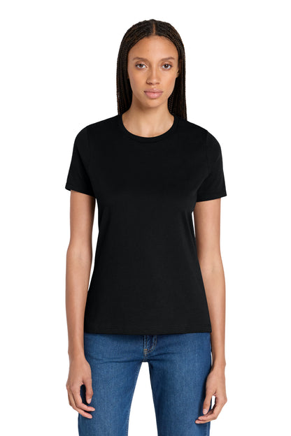 Front View of Black BELLA+CANVAS Women's Relaxed Jersey Short Sleeve Tee. BC6400 plain
