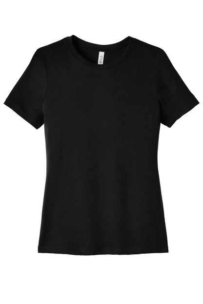Front View of Black BELLA+CANVAS Women's Relaxed Jersey Short Sleeve Tee. BC6400 plain