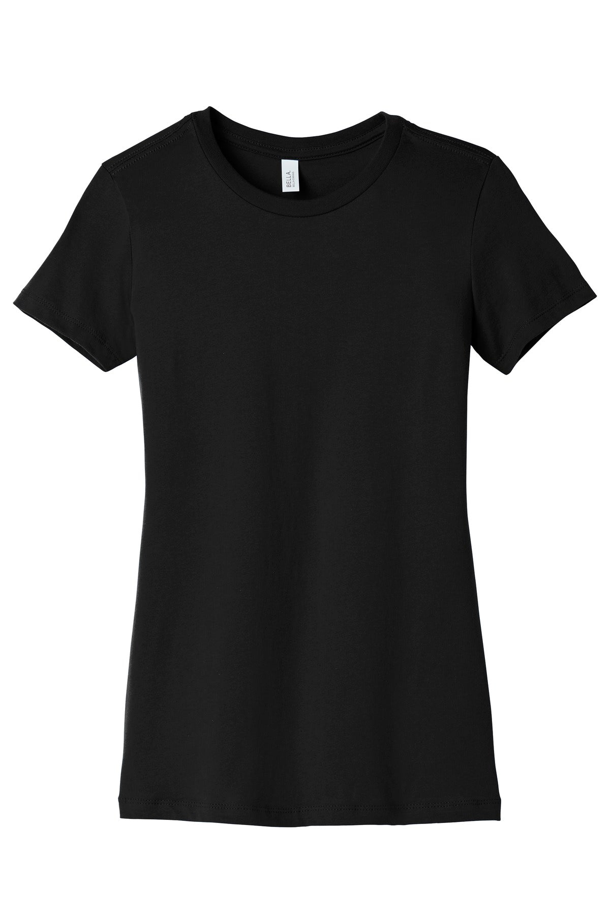 Front View of Black BELLA+CANVAS Women's Slim Fit Tee. BC6004 plain