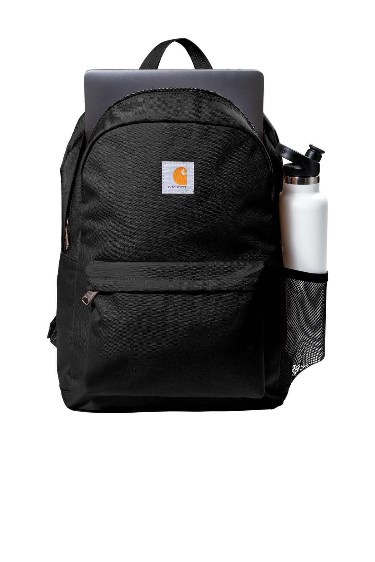 Front View of Black Carhartt Canvas Backpack. CT89241804 plain